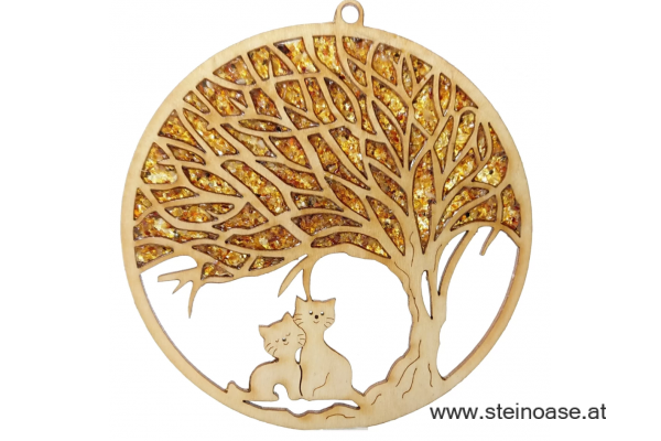 Fensterbild Suncatcher Bernstein - KATZEN unter BAUM Ø 11cm